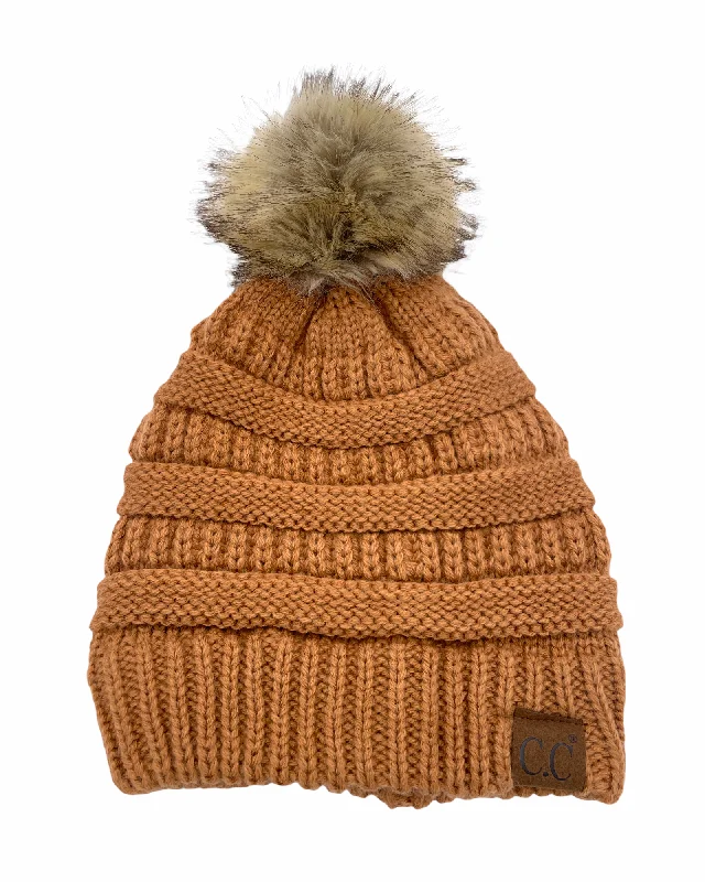 Adjustable dad cap for easy size tweaks -Hat-43 BEANIE W/FAUX FUR POM - TOAST ALMOND