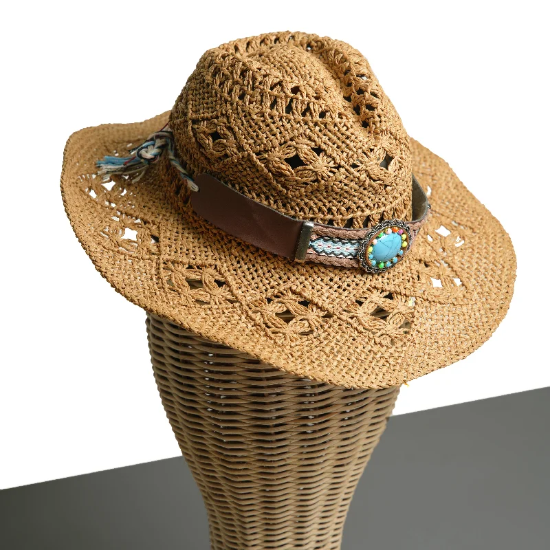 Fashionable straw cowboy hats for women with colorful ribbons for a playful vibe -Chokore Handcrafted Straw Cowboy Hat with Tibetan Belt (Khaki)