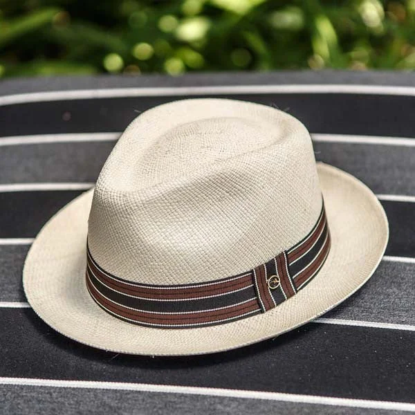 Classic straw boater hat for men with crisp design and summer appeal -Austral Hats - Beige Panama Hat with Black, Brown and White Stripes