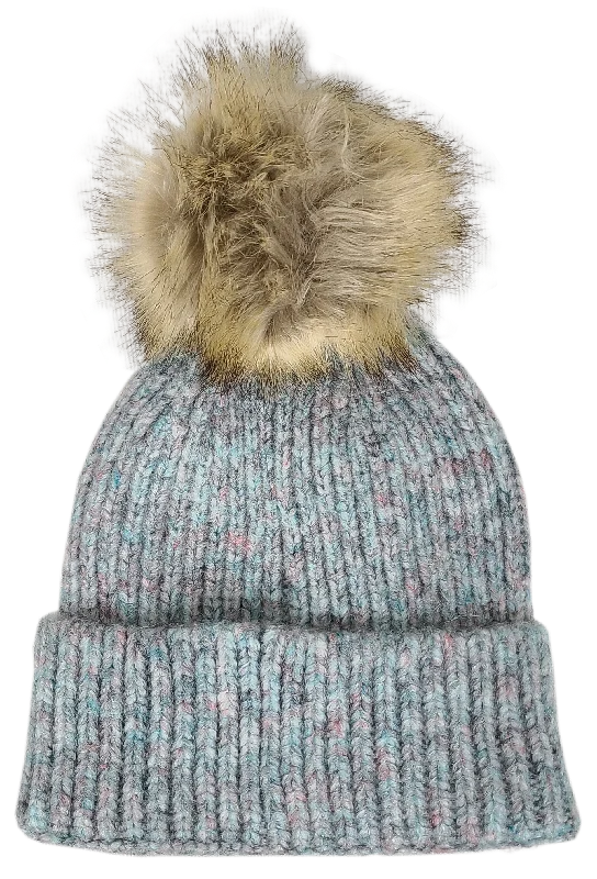 Sports fan cap with bold team colors -Hat-2074 Beanie with Faux Fur Pom Aqua Multi