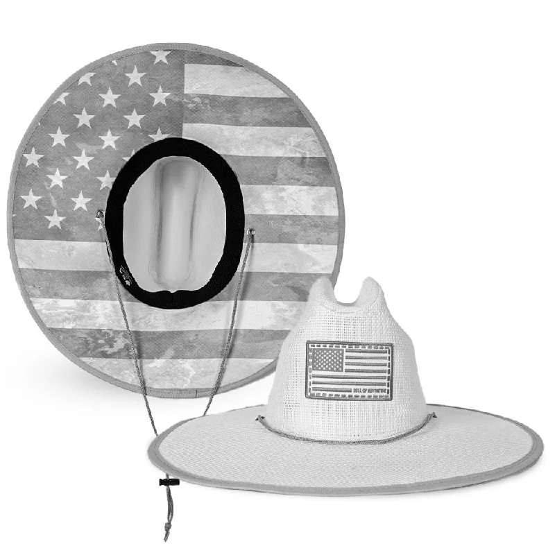 Wide-brim straw sun hat for women with UV protection for beach days -Keys Straw Hat | Ghost American Flag | White