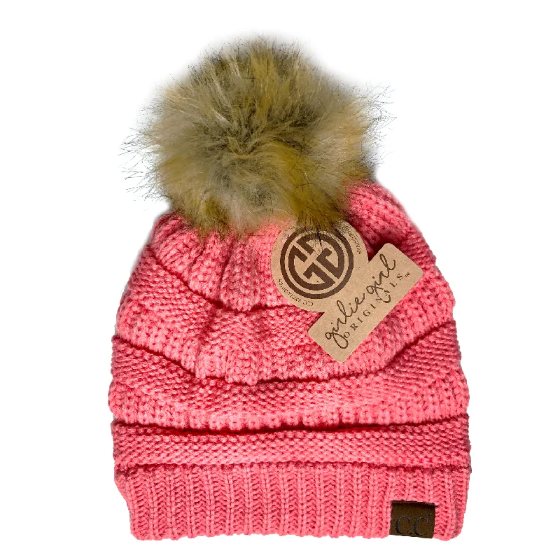 Warm wool cap for cold weather days -Hat-43 BEANIE W/FAUX FUR POM - CORAL