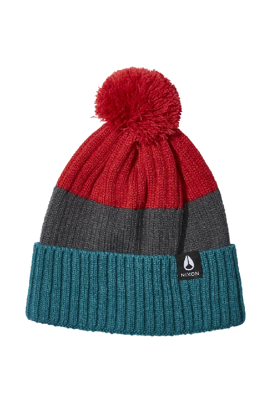 Classic cap with subtle tonal embroidery -Schrader Pom Beanie - Dark Cedar / Red