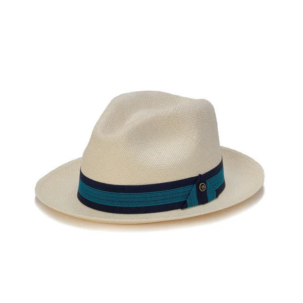 Lightweight straw hat for men with casual style and sun protection for travel -Austral Hats - White Panama Hat with Dark and Light Blue Band