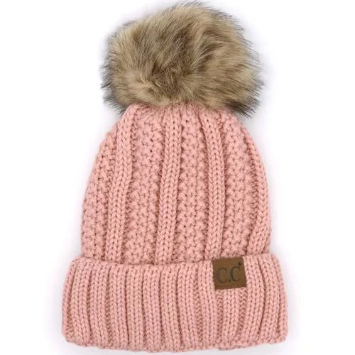 Classic navy cap for timeless wardrobe staple -YJ-820 SHERPA LINED BEANIE W/FAUX FUR POM - INDI PINK