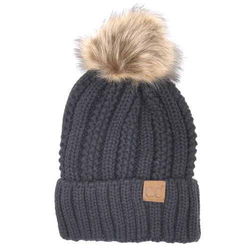 Lightweight cap for summer hiking trails -YJ-820 SHERPA LINED BEANIE W/FAUX FUR POM - DARK MELANGE GREY