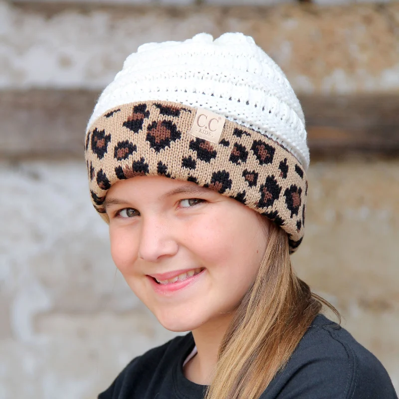 Waterproof sports cap for wet training runs -KID-45 Ivory Leopard Youth Beanie