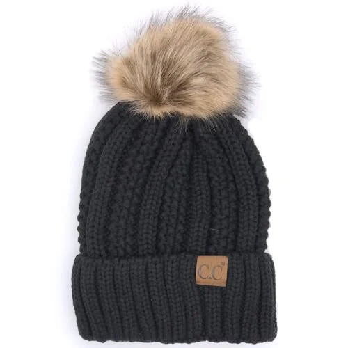 Lightweight cap with quick-dry fabric finish -YJ-820 SHERPA LINED BEANIE W/FAUX FUR POM - BLACK