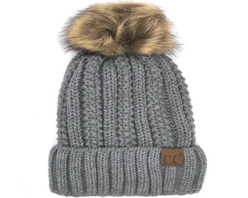 Black snapback cap for sharp modern looks -KIDS-820-LTMEL SHERPA LINED BEANIE W/FAUX FUR POM - LT MEL GREY