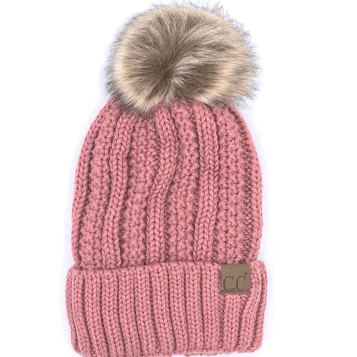 Adjustable dad cap for easy size tweaks -YJ-820 SHERPA LINED BEANIE W/FAUX FUR POM - MAUVE