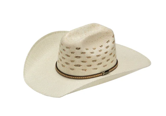 Trendy straw fedora hat for women with modern design and soft fabric -Twister - T71820 - Ivory and Tan Bangora