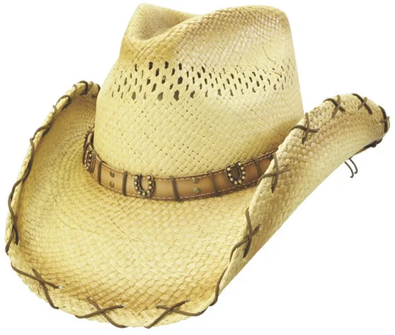 Stylish straw trilby for men with sharp lines and trendy vibe -Natural/Tea Stained Straw with Horseshoe Accented Hatband