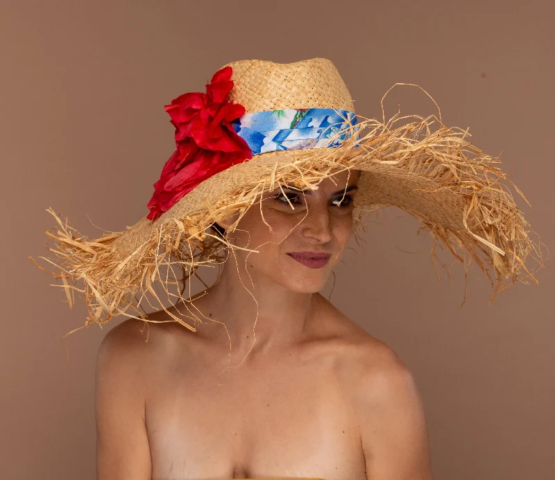 Breathable wool felt hat for warm climates -Pepper red- Natural straw sun hat with silk band and flower