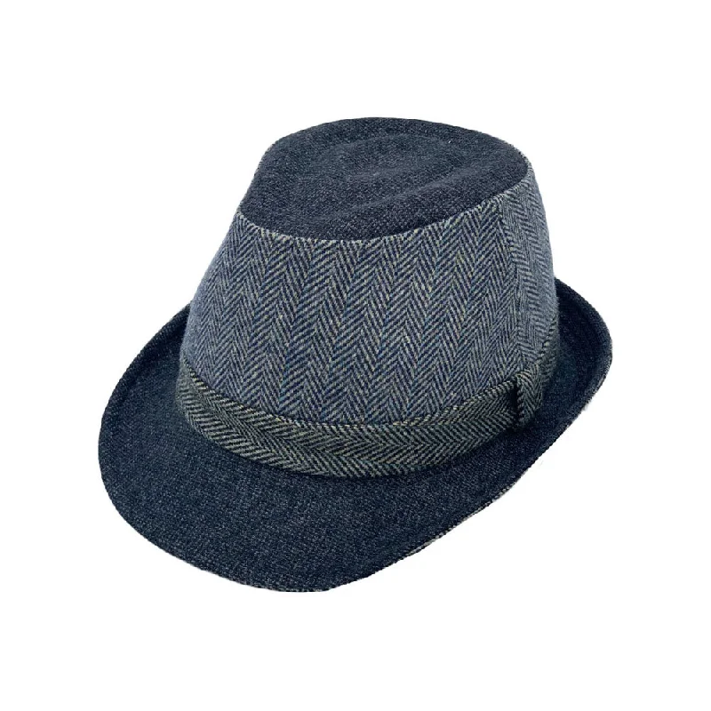 Fashionable felt fedora hats for men with thick bands and rustic vibes -Wool Herringbone Fedora Hats for Men - Manhattan Trilby Winter Structured Crushable Short Brim LD61574