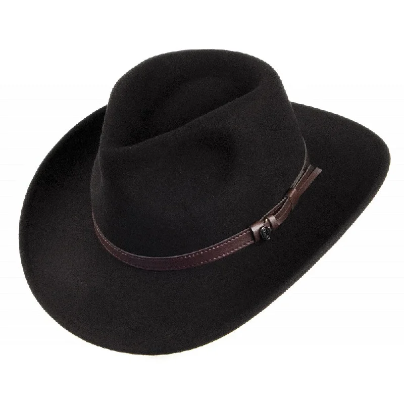 Retro-inspired cowboy hats with fringe detailing for women with boho-western style -Jaxon & James Crushable Outback Hat Black Wholesale Pack