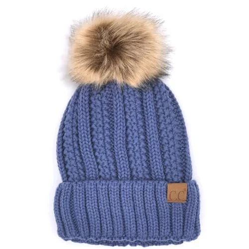 Classic cap with curved bill silhouette -YJ-820 SHERPA LINED BEANIE W/FAUX FUR POM - DARK DENIM