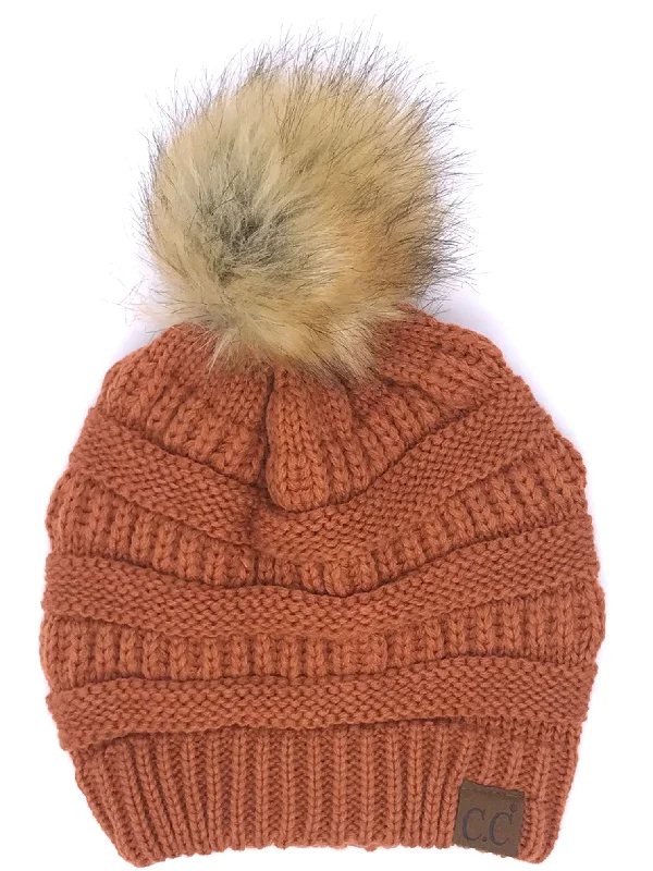 Casual denim cap for laid-back vibes -Hat-43 BEANIE W/FAUX FUR POM - RUST