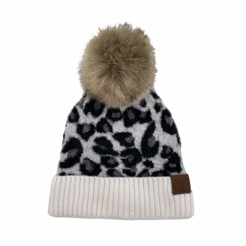 Bright cap for fun festival outfits -Hat-2061 Beanie with Faux Fur Pom Ivory