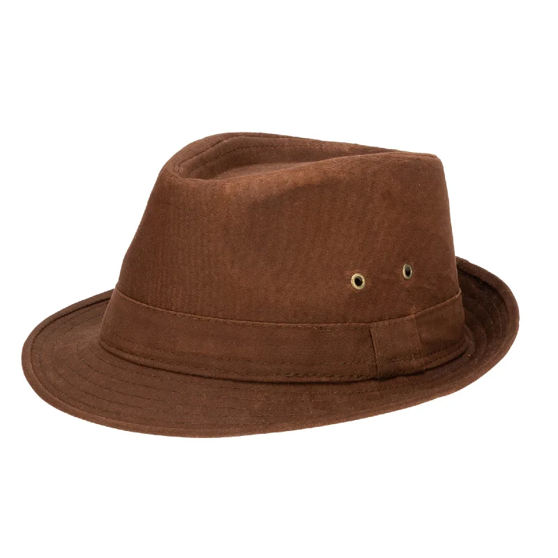 Custom-made fedora hats for women with personalized embroidery or patches -Mens Cut and Sew Waxed Cotton Stingy Brim Fedora