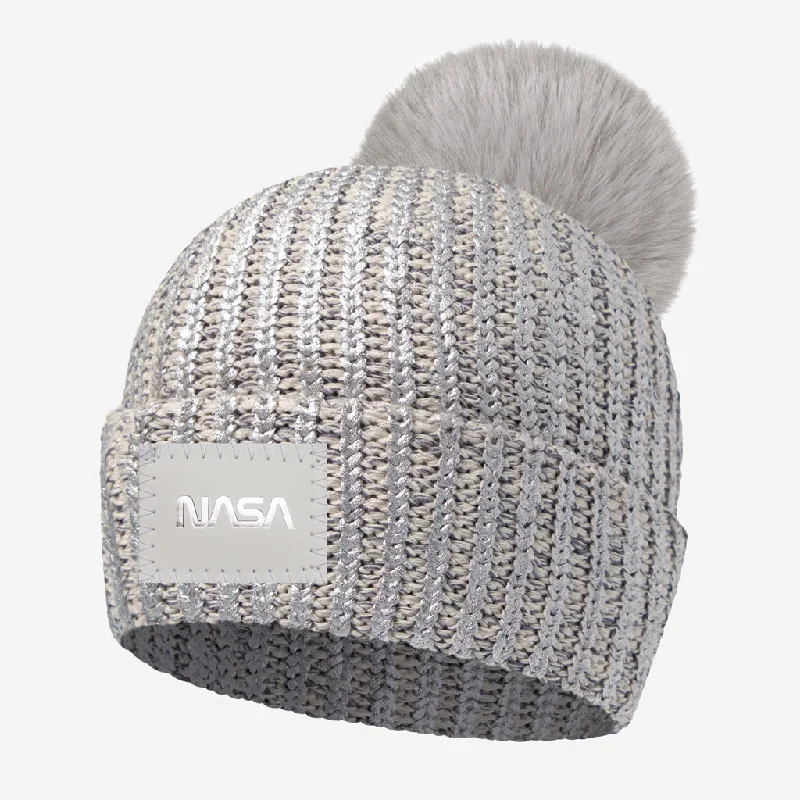 Cotton twill cap for durable daily use -NASA Silver Brushed Metallic Pom Beanie