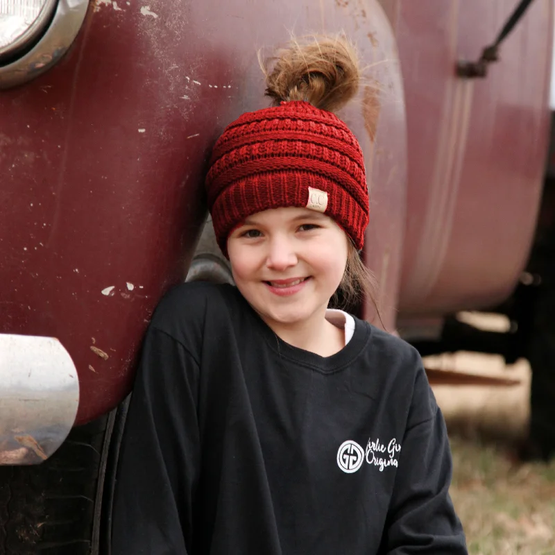 Team logo cap for loyal fan support -MB-847-KID Red Messy Bun Beanie