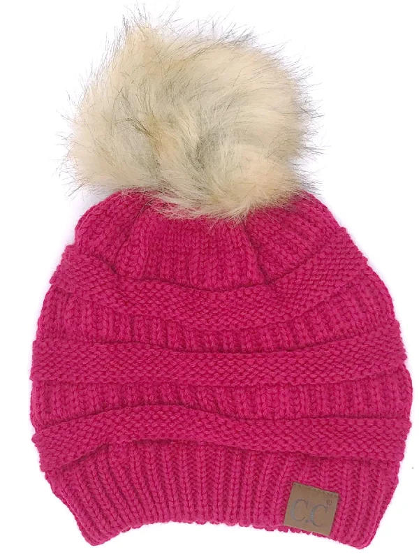 Trucker cap with funny slogan prints -Hat-43 BEANIE W/FAUX FUR POM - HOT PINK