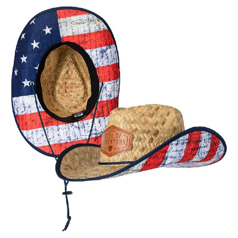 Elegant straw sun hat for women with large brim and stylish band for chic look -Cowboy Straw Hat | American Flag