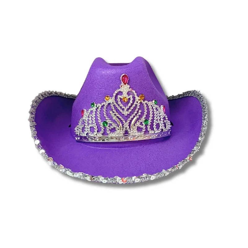 Cowboy hats for men with leather straps for added ruggedness and style -Cowboy Hat - Purple with sequin trim &  Princess Tiara