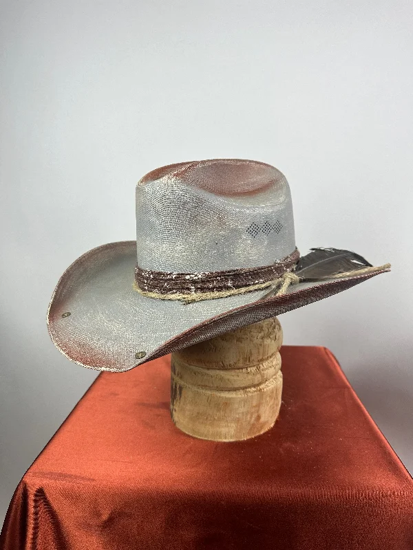 Stylish straw sun hat for women with colorful accents for a fun summer vibe -Grey & Brown Straw Western