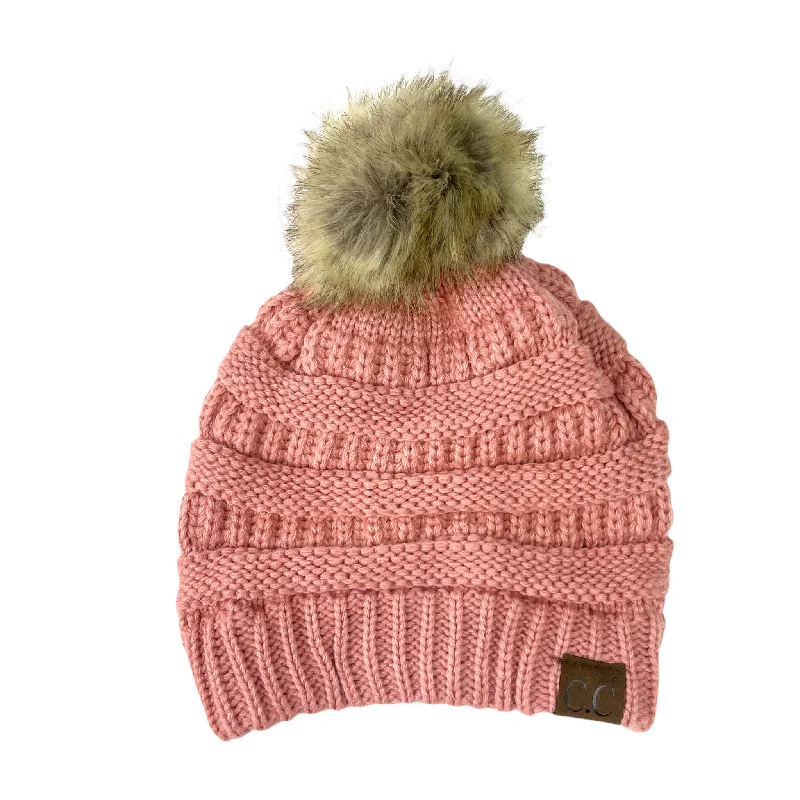 Fitted snapback cap for modern tight fit -Hat-43 BEANIE W/FAUX FUR POM - SALMON PINK