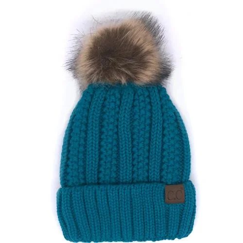 Adjustable cap with sturdy velcro closure -YJ-820 SHERPA LINED BEANIE W/FAUX FUR POM - TEAL