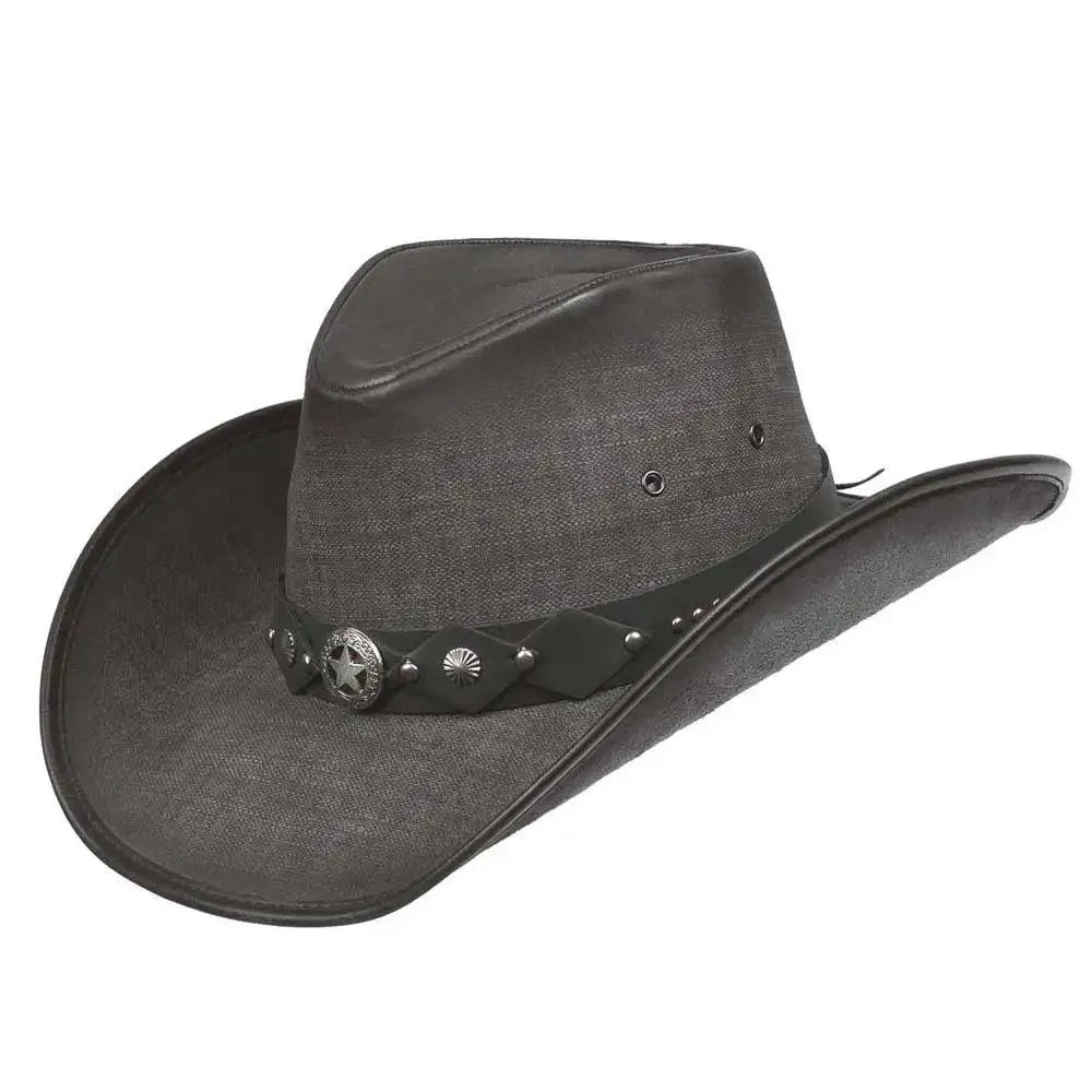 Western cowboy hats with decorative bands and turquoise accents for a vintage look -Deadwood Trading Lawman - Faux Leather Cowboy Hat