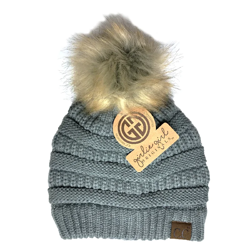 Adjustable dad cap for easy size tweaks -Hat-43 BEANIE W/FAUX FUR POM - NATURAL GREY