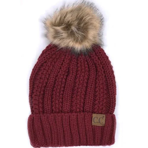 Canvas trucker cap for tough outdoor wear -YJ-820 SHERPA LINED BEANIE W/FAUX FUR POM - MAROON