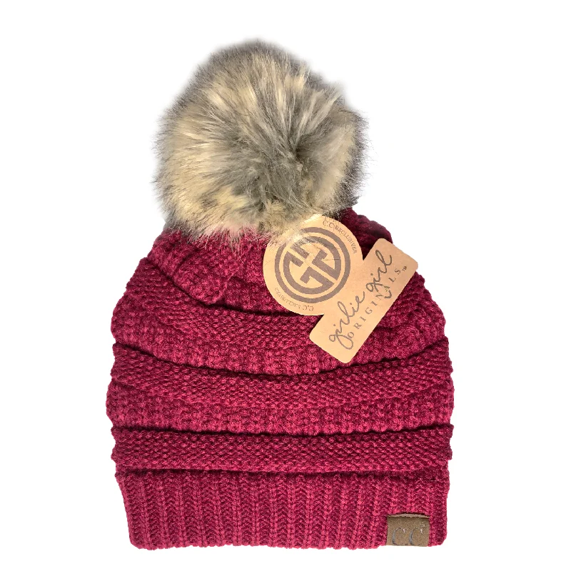 Minimal snapback cap for clean urban style -Hat-43 BEANIE W/FAUX FUR POM - BURGUNDY