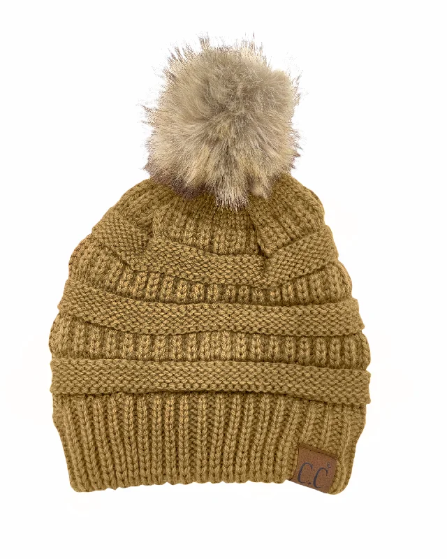 Camo snapback cap for bold woodland style -Hat-43 BEANIE W/FAUX FUR POM - GOLDEN WALNUT