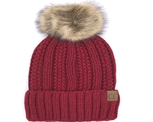 Camouflage cap with adjustable strap back -KIDS-820-RED SHERPA LINED BEANIE W/FAUX FUR POM - RED