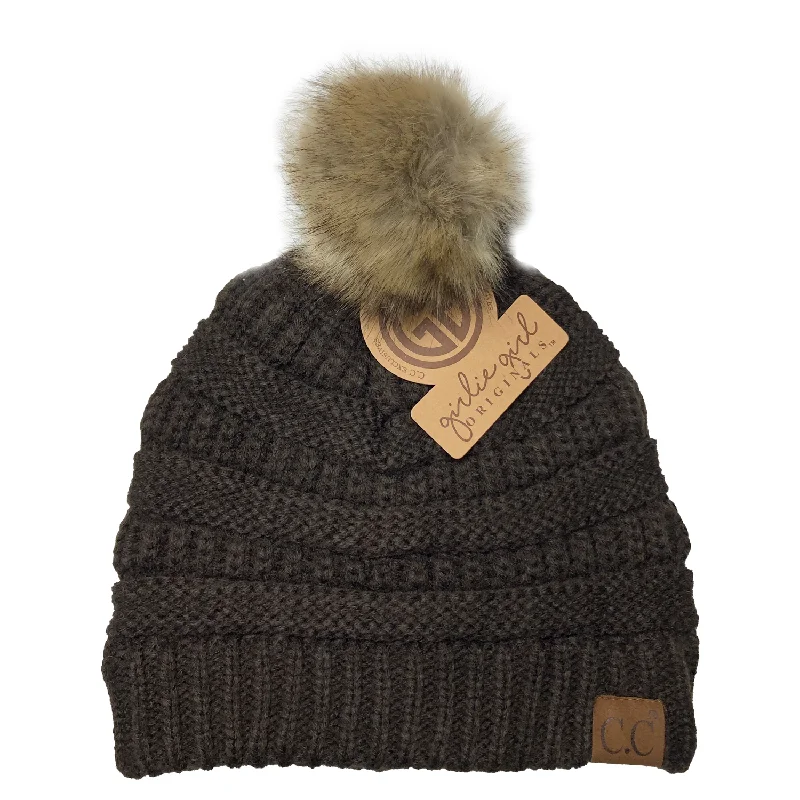 Denim cap with faded wash texture -Hat-43 BEANIE W/FAUX FUR POM - BROWN