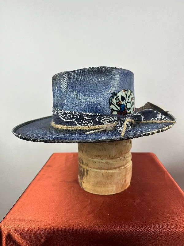 High-quality straw hat for men with a wide brim and durable construction -Blue Distressed Rolled Brim Straw