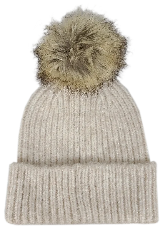 Camouflage cap for hunting trip essentials -Hat-2074 Beanie with Faux Fur Pom Oatmeal