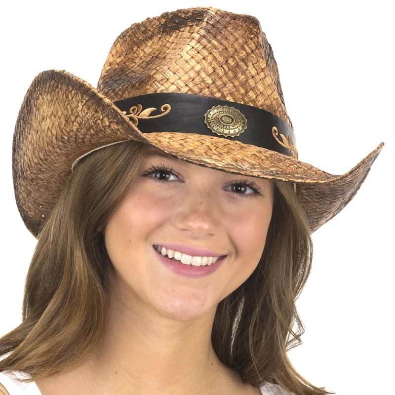 Elegant straw cloche hat for women with feminine details and vintage influence -Jacobson Antiqued Toyo Western Hat