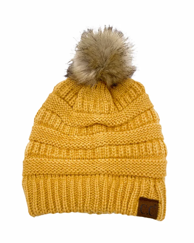 Washed denim cap for broken-in softness -Hat-43 BEANIE W/FAUX FUR POM - HONEY MUSTARD