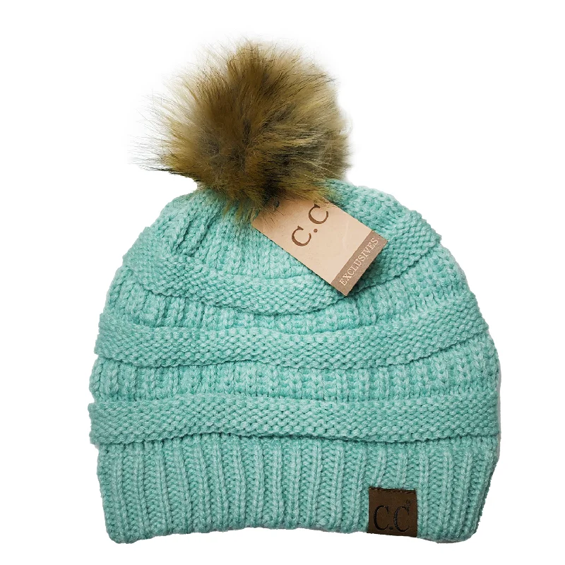 Minimalist cap with small stitched emblem -Hat-43 BEANIE W/FAUX FUR POM - Mint