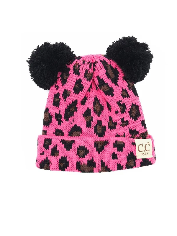 Adjustable strap cap for custom size comfort -BABY-80 Pom Pom Beanie New Candy Pink Leopard