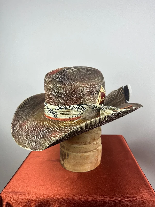 Elegant straw sun hat for women with large brim and stylish band for chic look -Multi Distressed Western 7 5/8