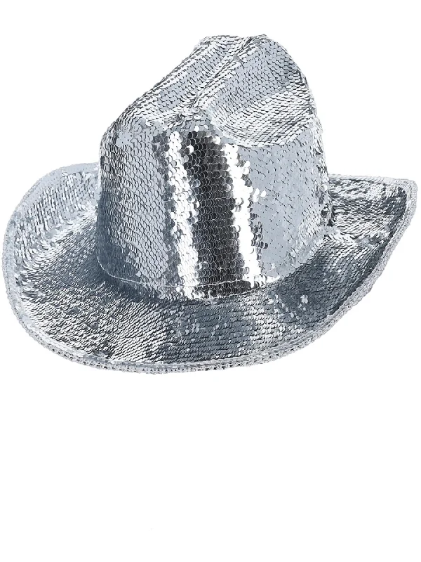 Adjustable cowboy hats for women with tie-up bands for customizable fit -Fever Deluxe Sequin Cowboy Hat, Silver