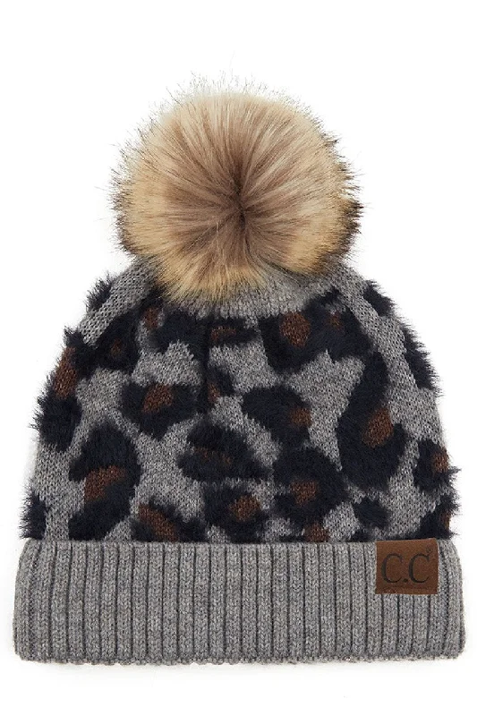 Classic baseball cap for casual everyday wear -Hat-2061 Beanie with Faux Fur Pom Light Melange Grey