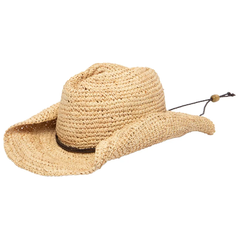 Boho-style straw hat for women with fringe details and relaxed look -Women's Crocheted Raffia Cowboy Hat