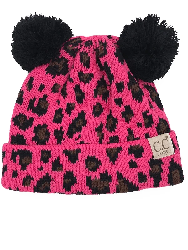 Breathable mesh cap for hot weather comfort -KIDS-80 Pom Pom Beanie New Candy Pink Leopard