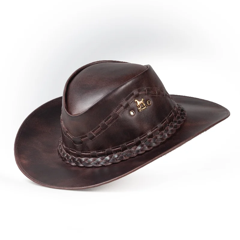 Vintage straw cowboy hats for women with frayed edges for an old-school western vibe -Brunello's Western Leather Hat in Tobacco Fossil